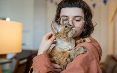 woman with glasses holding small orange cat